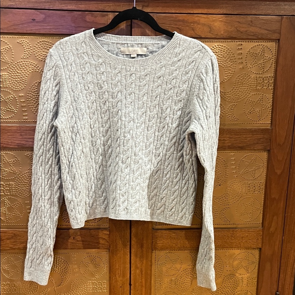 LOFT Light Gray Cable Crewneck Sweater